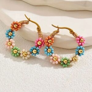 Spring Days Beaded Flower Hoop Earrings